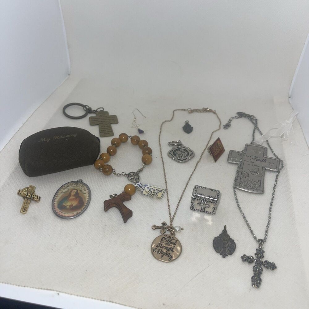 Vintage Rosary, Crosses, Key Chain, Pins, Bracelet Religious Lot